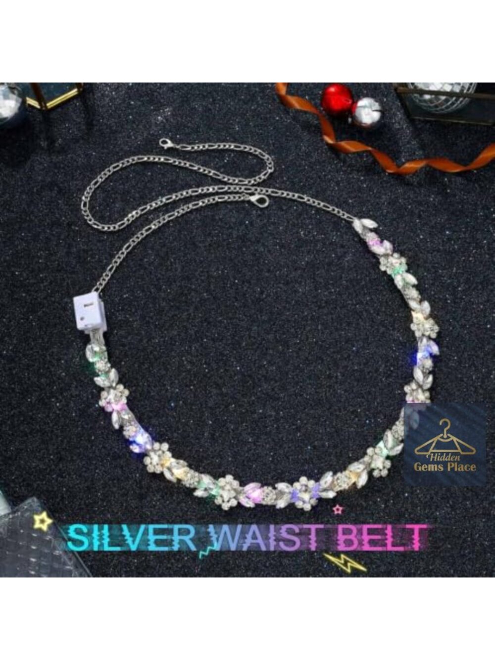 LED Rhinestone Waist Belt Adjustable Body Chain Rave Accessory - Picture 3 of 5